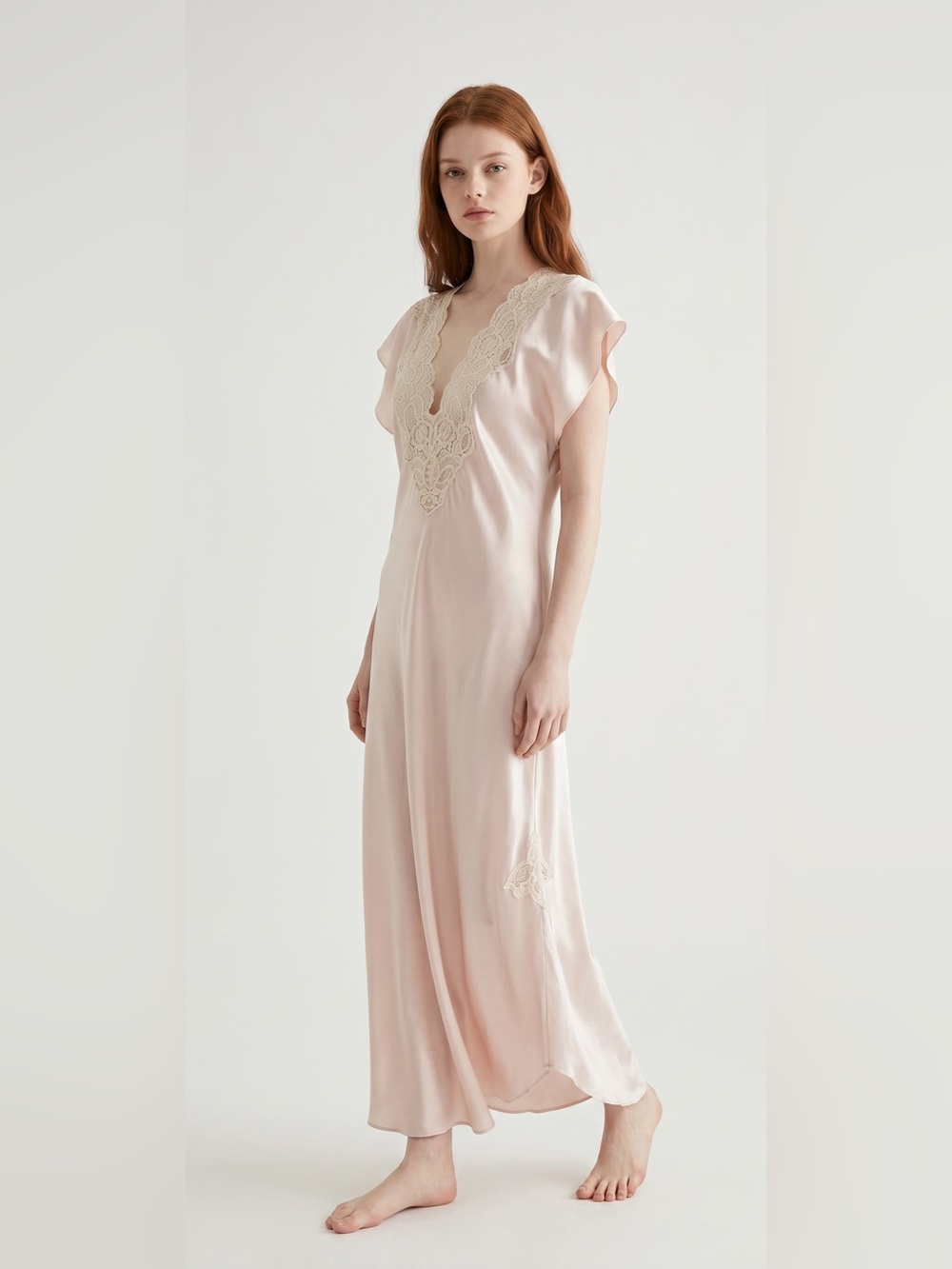 Vintage Blanche Silky Pale Pink Lace Trim Maxi Nightgown. Cottagecore. USA. S